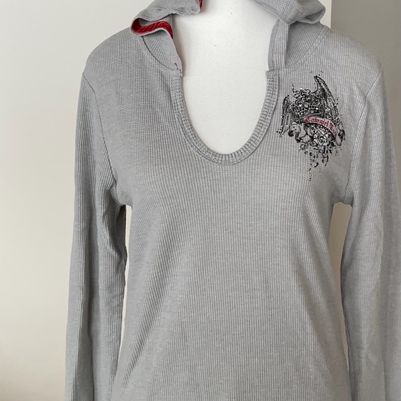 Cowgirl Tuff Co Waffle Knit Hooded Top Grey Embellished Size L - Picture 4 of 4